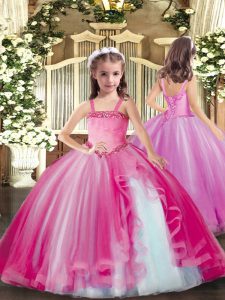 Graceful Fuchsia Ball Gowns Straps Sleeveless Tulle Floor Length Lace Up Appliques Winning Pageant Gowns
