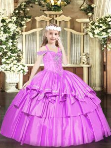 Exquisite Organza Off The Shoulder Sleeveless Lace Up Beading and Ruffled Layers Pageant Dress in Lilac
