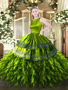 Sweet Olive Green Sleeveless Floor Length Ruffles Zipper Quinceanera Gowns