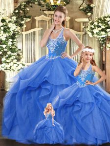Stylish Floor Length Lace Up 15 Quinceanera Dress Blue for Military Ball and Sweet 16 and Quinceanera with Beading and Ruffles