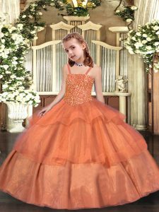 Unique Orange Organza Lace Up Pageant Dress Wholesale Sleeveless Floor Length Beading and Ruffled Layers