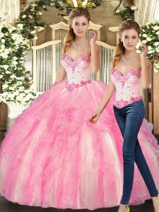 Rose Pink Sleeveless Floor Length Beading and Ruffles Lace Up Quinceanera Gown