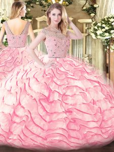 Artistic Baby Pink Quinceanera Gown Military Ball and Sweet 16 and Quinceanera with Beading and Ruffled Layers Bateau Sleeveless Sweep Train Zipper
