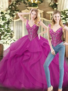 Fuchsia Ball Gown Prom Dress Military Ball and Sweet 16 and Quinceanera with Beading and Ruffles V-neck Sleeveless Lace Up