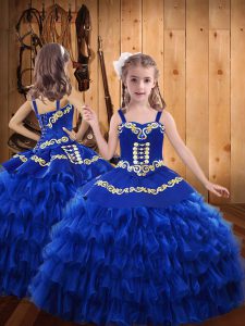 Perfect Straps Sleeveless Lace Up Girls Pageant Dresses Royal Blue Chiffon