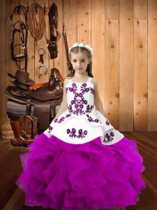 Fuchsia Straps Neckline Embroidery and Ruffles Custom Made Pageant Dress Sleeveless Lace Up