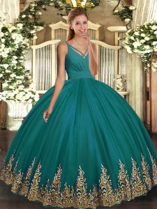 Lovely Sleeveless Floor Length Appliques Backless Quince Ball Gowns with Turquoise