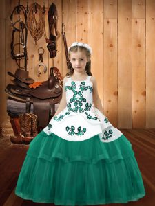 Gorgeous Straps Sleeveless Pageant Gowns For Girls Floor Length Embroidery Turquoise Tulle