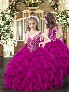 Inexpensive Fuchsia Sleeveless Beading and Ruffles Floor Length Pageant Dress for Teens