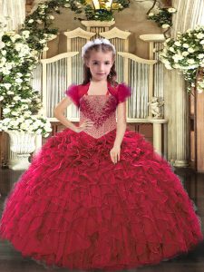 Red Straps Neckline Beading and Ruffles Kids Pageant Dress Sleeveless Lace Up