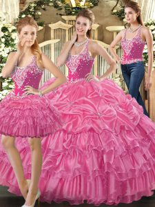 Exceptional Hot Pink Sleeveless Tulle Lace Up 15 Quinceanera Dress for Military Ball and Sweet 16 and Quinceanera