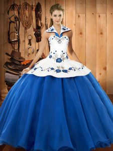 Floor Length Blue And White Quinceanera Dress Halter Top Sleeveless Lace Up