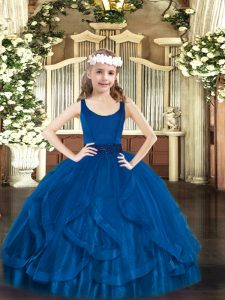 Latest Sleeveless Floor Length Beading and Ruffles Zipper Child Pageant Dress with Royal Blue