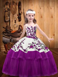 Custom Design Sleeveless Floor Length Embroidery Lace Up Little Girl Pageant Dress with Fuchsia