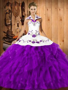 Eggplant Purple Halter Top Lace Up Embroidery and Ruffles Quince Ball Gowns Sleeveless
