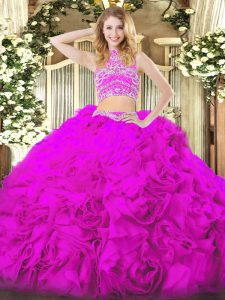 Fuchsia Sleeveless Tulle Backless Quinceanera Dress for Military Ball and Sweet 16 and Quinceanera