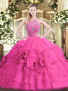 Sexy Sleeveless Zipper Floor Length Beading and Ruffled Layers Quinceanera Gown