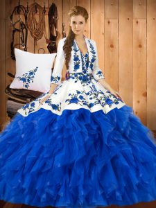 Blue Sweetheart Neckline Ruffles Quinceanera Gown Sleeveless Lace Up