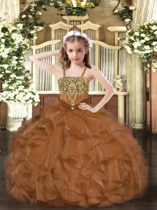 Custom Made Organza Straps Sleeveless Lace Up Beading and Ruffles Little Girl Pageant Gowns in Brown