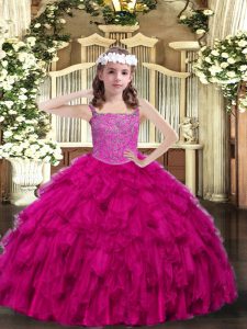 Dazzling Sleeveless Floor Length Beading and Ruffles Lace Up Child Pageant Dress with Fuchsia