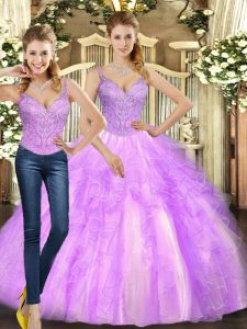 Modest Two Pieces Quinceanera Dresses Lilac Straps Organza Sleeveless Floor Length Lace Up