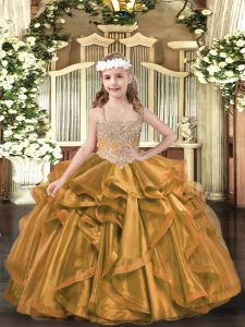 Dramatic Brown Ball Gowns Organza V-neck Sleeveless Beading and Ruffles Floor Length Lace Up Custom Made Pageant Dress