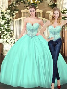 Adorable Apple Green Two Pieces Beading Quinceanera Dress Lace Up Tulle Sleeveless Floor Length