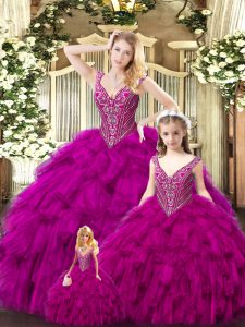Fuchsia Straps Neckline Beading and Ruffles Sweet 16 Dresses Sleeveless Lace Up