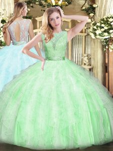 Floor Length Backless Quinceanera Dress Apple Green for Military Ball and Sweet 16 and Quinceanera with Lace and Ruffles