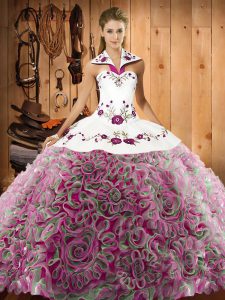 Sleeveless Fabric With Rolling Flowers Sweep Train Lace Up Military Ball Dresses in Multi-color with Embroidery