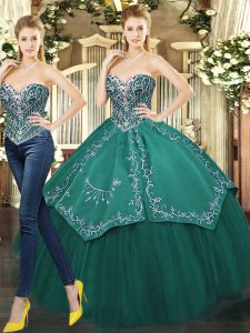New Style Dark Green Tulle Lace Up Quince Ball Gowns Sleeveless Floor Length Beading and Appliques