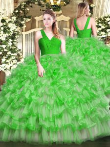 Sleeveless Organza Floor Length Zipper Sweet 16 Dress in Green with Ruffled Layers