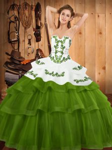 Tulle Strapless Sleeveless Sweep Train Lace Up Embroidery and Ruffled Layers Vestidos de Quinceanera in Olive Green