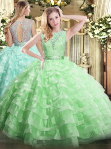 Scoop Sleeveless Quinceanera Dresses Floor Length Lace and Ruffled Layers Apple Green Organza