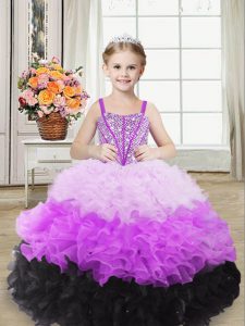 Straps Sleeveless Pageant Dresses Floor Length Beading and Ruffles Multi-color Organza