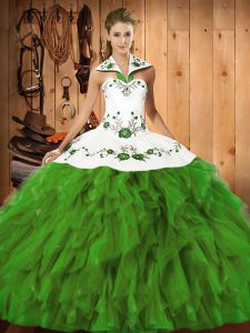 Olive Green Lace Up Sweet 16 Dress Embroidery and Ruffles Sleeveless Floor Length