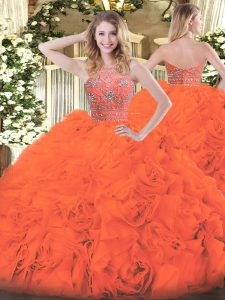 Elegant Halter Top Sleeveless Quinceanera Gowns Floor Length Beading and Ruffles Orange Red Tulle
