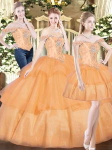 Discount Orange Red Sweet 16 Quinceanera Dress Military Ball and Sweet 16 and Quinceanera with Beading and Ruffled Layers Off The Shoulder Sleeveless Lace Up