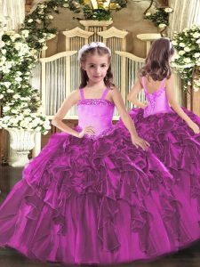 Appliques and Ruffles Little Girl Pageant Dress Fuchsia Lace Up Sleeveless Floor Length