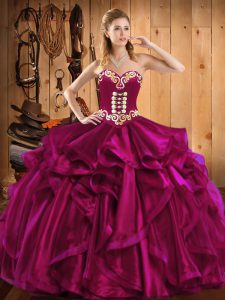 Trendy Organza Sweetheart Sleeveless Lace Up Embroidery and Ruffles Quinceanera Gowns in Fuchsia