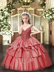 Coral Red Ball Gowns Beading and Ruffled Layers Little Girl Pageant Dress Lace Up Organza Sleeveless Floor Length