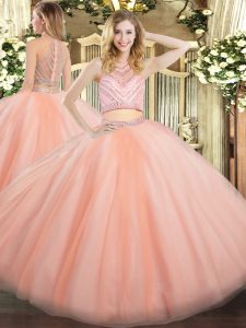 Stunning Peach Sleeveless Floor Length Beading Zipper Ball Gown Prom Dress