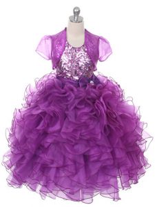 Sleeveless Lace Up Floor Length Ruffles and Sequins and Bowknot Little Girls Pageant Gowns