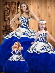 Royal Blue Sleeveless Floor Length Embroidery and Ruffles Lace Up 15th Birthday Dress