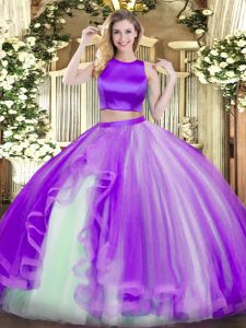 Elegant Floor Length Purple Quinceanera Gown Tulle Sleeveless Ruffles