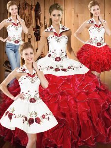 Fashionable Floor Length Lace Up Quinceanera Dress White And Red for Military Ball and Sweet 16 and Quinceanera with Embroidery and Ruffles