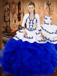 Custom Made Blue Strapless Lace Up Embroidery and Ruffles Party Dresses Sleeveless