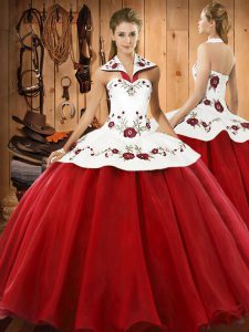 Deluxe Halter Top Sleeveless Lace Up Quinceanera Dresses Wine Red Satin and Tulle