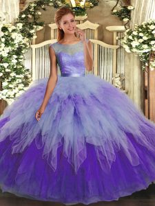 Attractive Scoop Sleeveless Tulle Sweet 16 Dresses Lace and Ruffles Backless