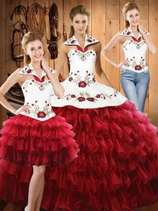 Colorful Organza Sleeveless Floor Length Quince Ball Gowns and Embroidery and Ruffled Layers